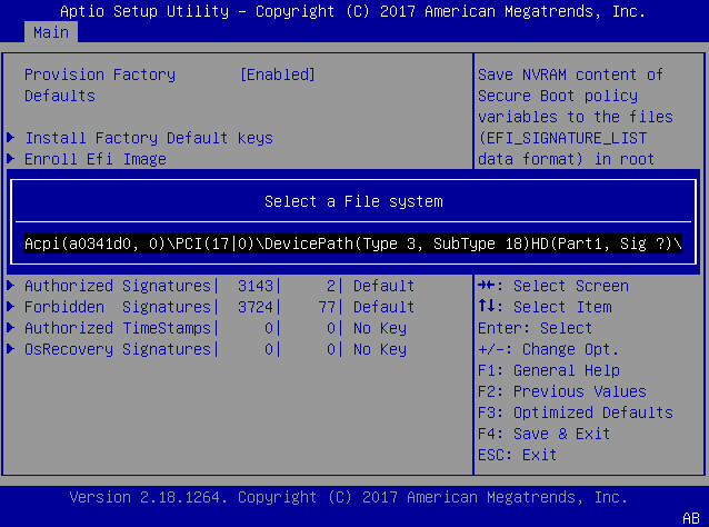 image:This figure shows the Select a File system dialog                                         within the Key Management screen.