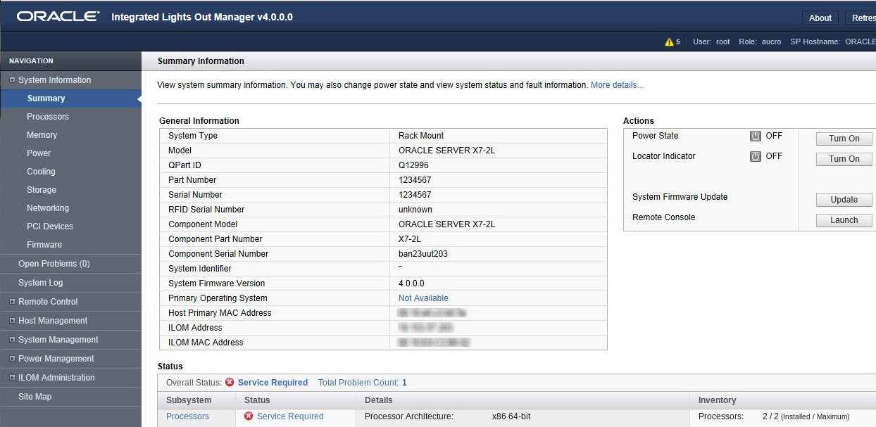 image:A screen capture showing the Oracle ILOM Summary                                     Information page.