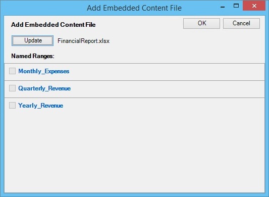 The Add Embedded Content File dialog box, showing three ranges from the selected reference file can be registered as available content with the doclet.