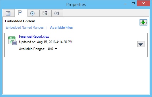 The Properties dialog, Embedded Content tab, listing the reference file that just registered with the doclet