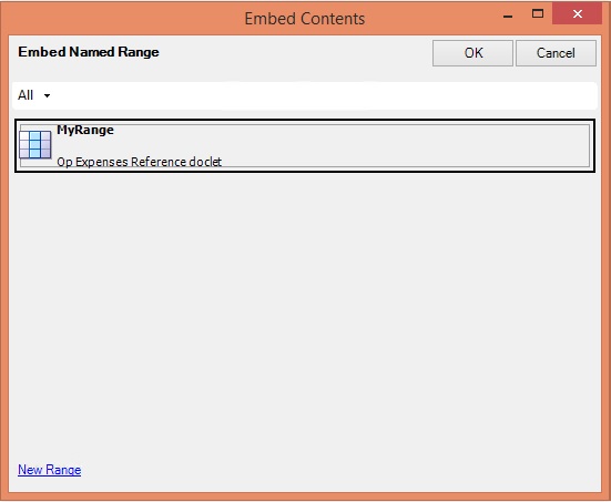 The Embed Contents dialog box, showing one named range available for embedding.