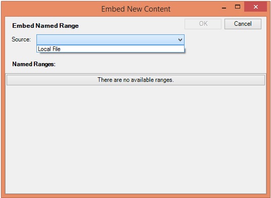 The Embed New Content dialog box, showing the drop-down menu in the Source field, where you select Local File the first time you add a reference file to a doclet.