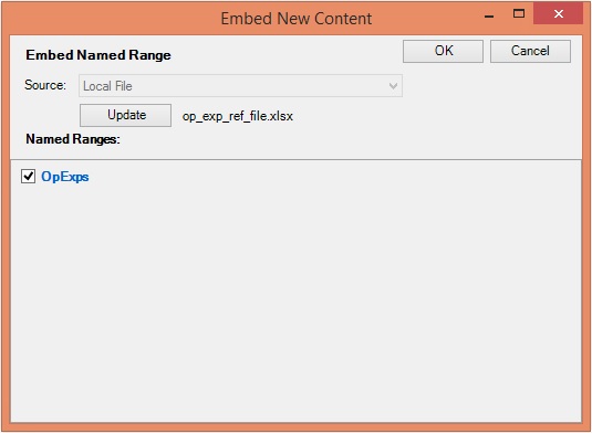 The Embed New Content dialog box with a named range selected.