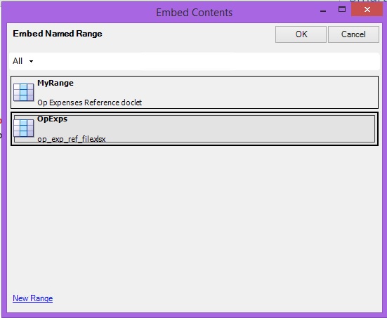 The Embed Contents dialog box, with the newly-added range, OpExps, selected
