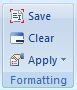 The Formatting group options from the Planning ribbon. Options are Save, Clear, and Apply