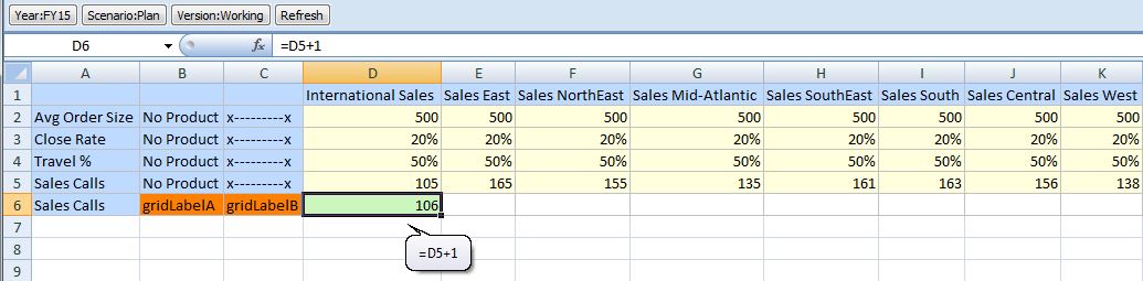 Smart Form with Sales Calls as a member and Sales Calls also hand-typed in column A of the Grid Label Row