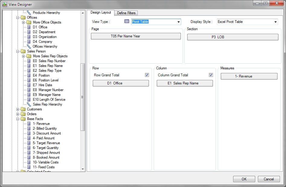 View Designer, Design Layout tab, showing expandable subject areas in a tree structure in the left pane. The View Type and Display Style drop-down lists are at the top right. The middle section is the Page and Section edge fields where you can drop columns from the subject area. The bottom is the Row, Column, and Measures edge fields, where you can drop columns from the subject area.