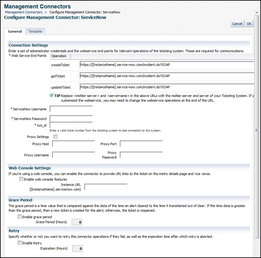 General details for configuring the ServiceNow connector screen shot example.