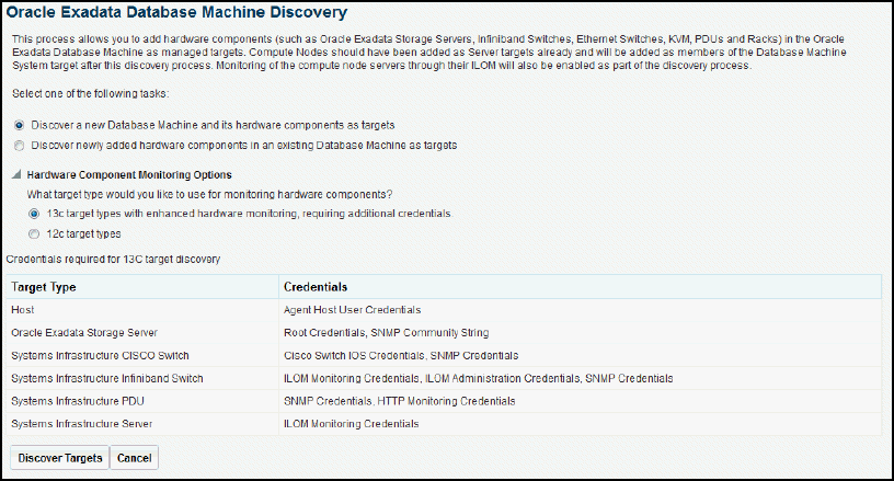 Oracle Exadata Database machine Discovery Page