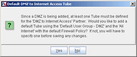 This screenshot shows the Default DMZ to Internet Access Tube window in the Location form.