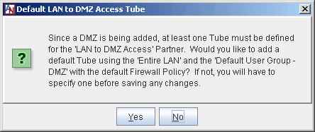 This screenshot shows the Default LAN to DMZ Access Tube window in the Location form.