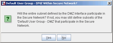 This screenshot shows the Default User Group - DMZ Within Secure Network? window in the Location form.