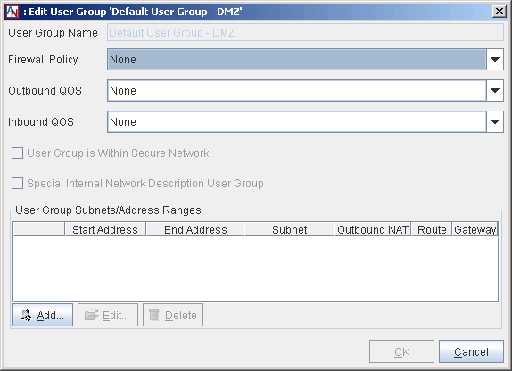 This screenshot shows the Edit Default User Group – DMZ window in the Location form.