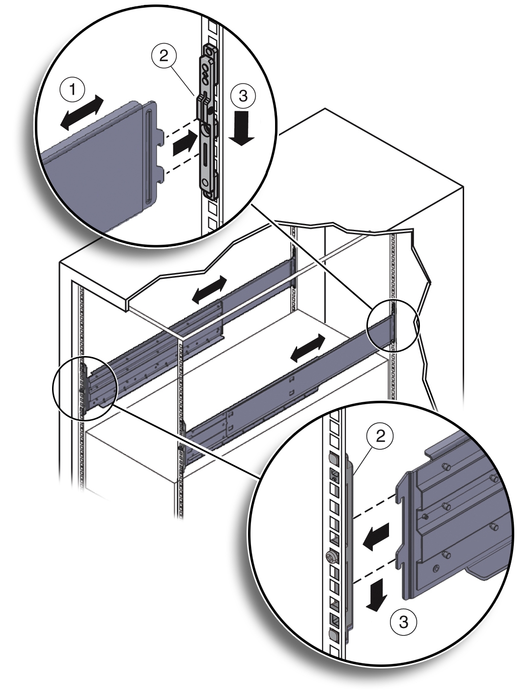 image:Graphic showing how to insert the shelf rails into the rack.