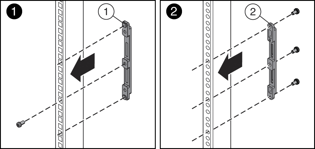 image:Graphic showing front brackets being attached to a square-hole rack and round-hole rack.