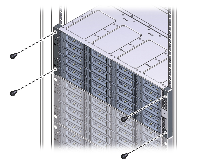 image:Graphic showing the front of the system being attached to the front of the rack.