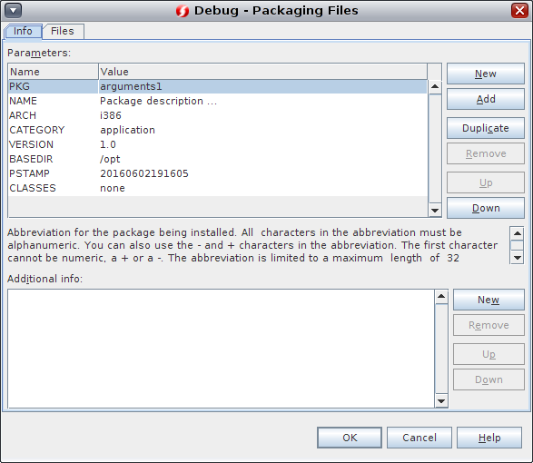 image:Packaging Files dialog box, Info tab
