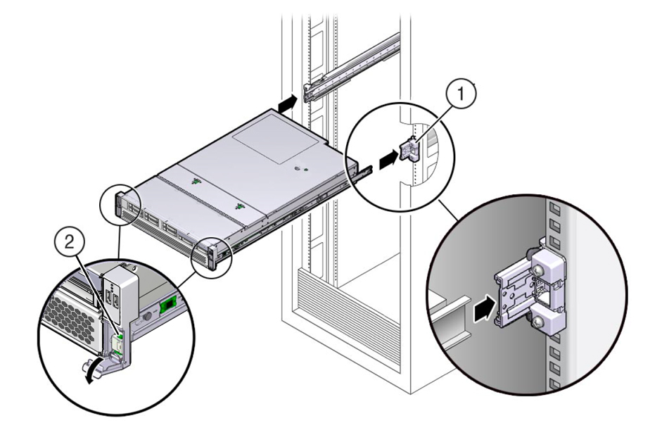 image:Figure showing server with mounting brackets attached aligned with                             the slide rails.