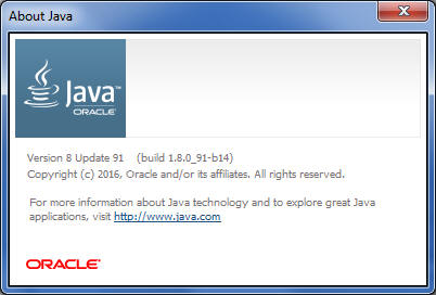 Windowsオペレーティング・システムのJavaバージョンを確認するために使用する「About Java」ウィンドウ