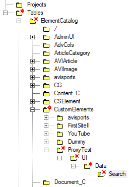 Sites Explorerのディレクトリ構造Tables/ElementCatalog/CustomElementsを示します。