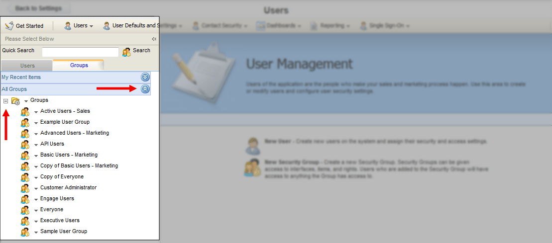 An image of the Groups folder. Red arrows are pointing towards the expand button and the drop-down list.