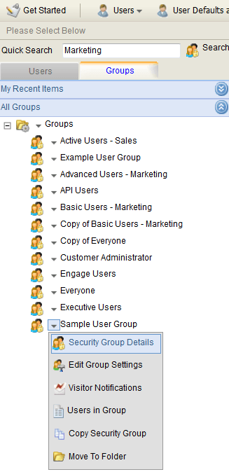 An image of the Security Group Details option in the User Profile drop-down list.