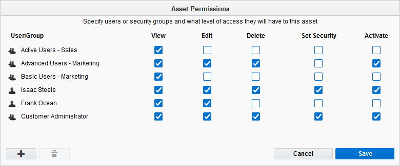 An image of the Asset Permissions window with the Activate column highlighted.