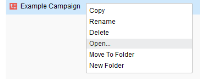 An image of a multi-step campaign file. Example Campaign is right clicked and open is highlighted on the shortcut menu.