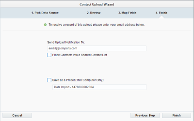 An image of the final page of the contact upload wizard