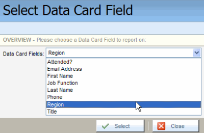An image of the Data Card Fields drop-down list with Region highlighted.