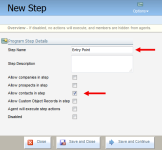 An image of the New Step window with the Step Name field and Allow contacts in step check box highlighted by a red arrow.