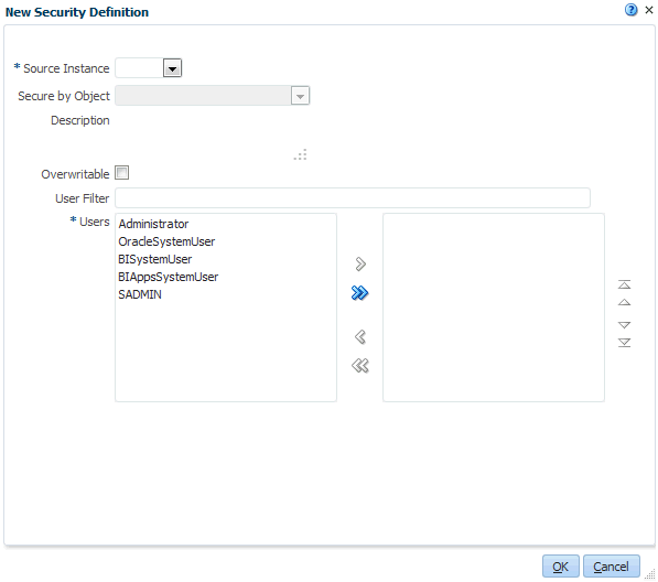 The New Security Definition dialog, which you use to provide users with access to areas in the data warehouse.