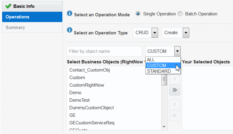 Description of "Figure 4-4 Selecting a Custom Object to Perform Operations" follows