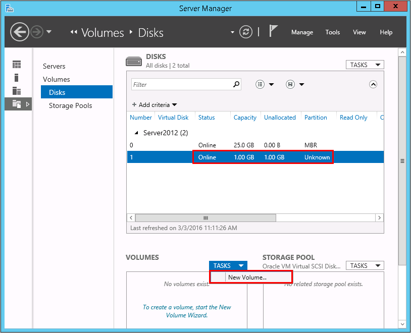 Screenshot showing the New Volume option under Tasks in the Volumes pane
