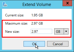 Screenshot showing the Extend Volume dialog box with the updated size of the volume