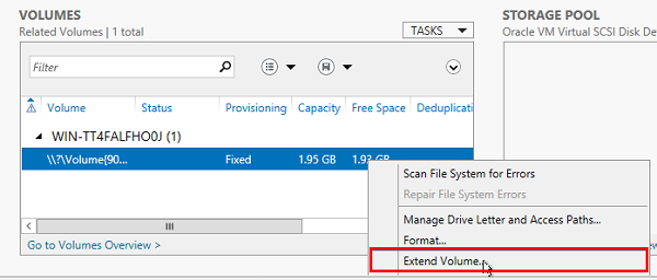 Screenshot showing the Extend Volume option in the Volumes pane