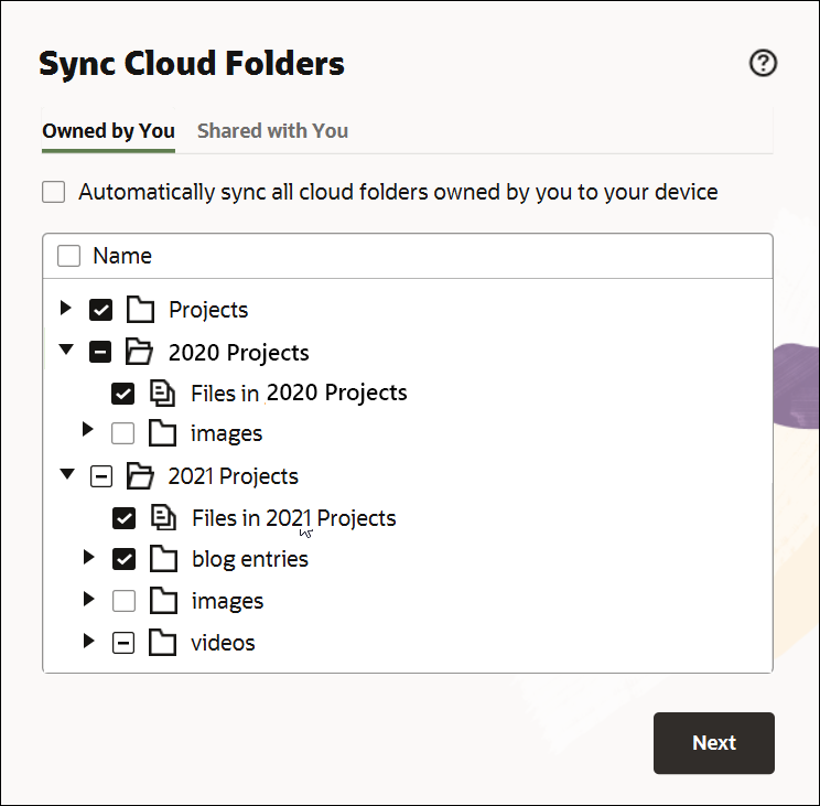 Sync Cloud Folders dialog, described in linked topic