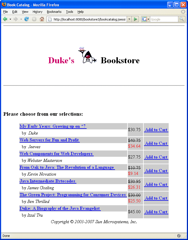 Screen capture of Duke's Bookstore book catalog, with titles, authors, prices, and 