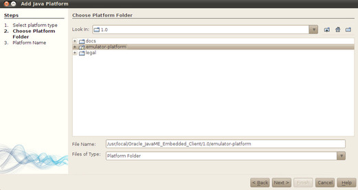 Point to /usr/local/Oracle_JavaME_Embedded_Client/1.0 and choose Next.
