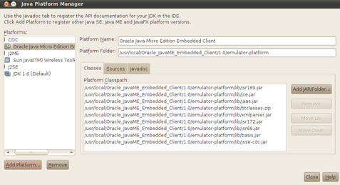 With Oracle Java Platform ME Embedded Client selected in the Platforms list on the left, click the Close button on the right.
