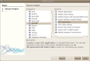 On the New Project page, choose the Java ME category and the CDC Class Library project.