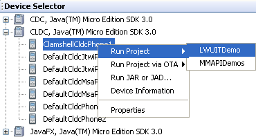 Device selected and project selected from the context menu.