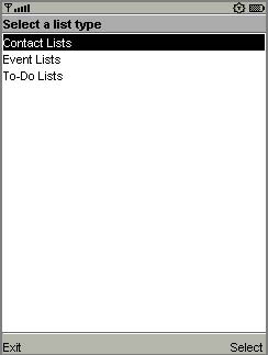 PIM API ʾûѡĳһбͣ"Contact Lists""Event Lists"  "To-do lists"