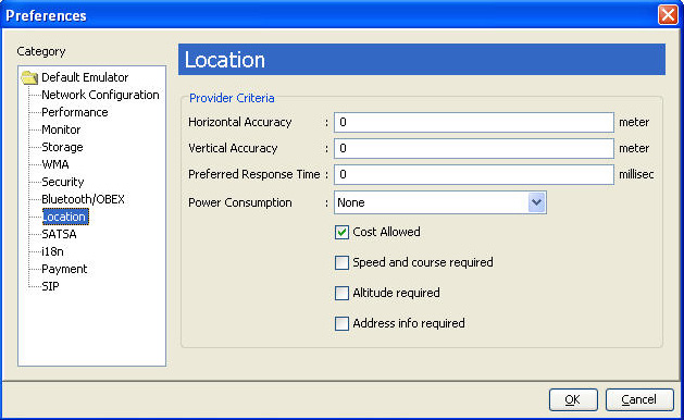 Preferences window with the Location category selected