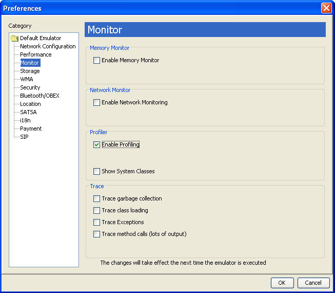 In the preferences window, select the monitor category, then check Enable Profiling