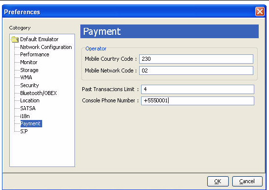 Preferences Payment category options are Mobile Country Code, Mobile Network Code, Past Transactions Limit, and Console Phone Number.