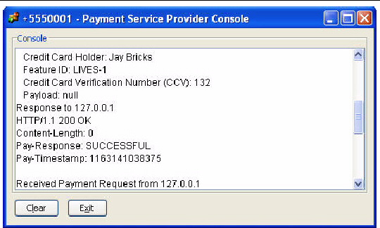 Payment Service Provider console window displays messages from payment transactions
