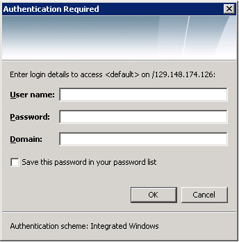 NTLM 認証が必要です。ユーザー名、パスワード、およびドメイン名を指定します