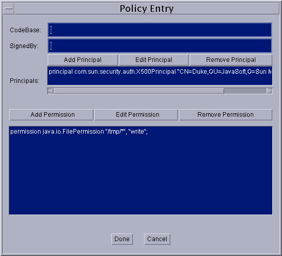 X500Principal とファイルアクセス権が表示された「ポリシーエントリ」ダイアログ