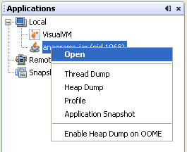 ポップアップメニューオプションが表示された、VisualVM の「Applications」ウィンドウのスクリーンショット